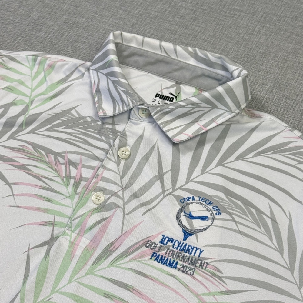 Puma Golf‎ Polo Shirt Mens M White Palm Branches Short Sleeve Polyester Spandex